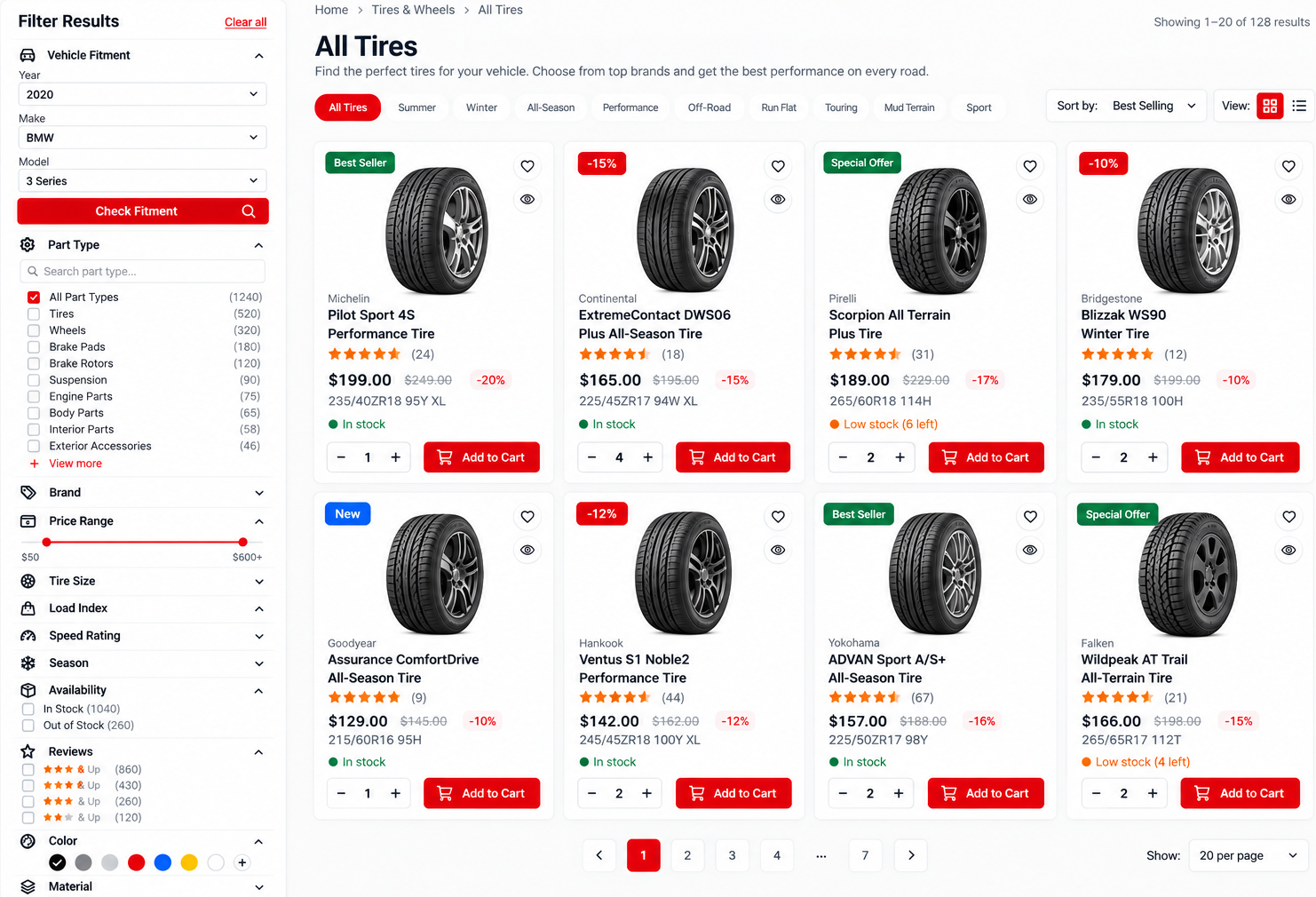 All Tires collection page with filters, product grid and pagination