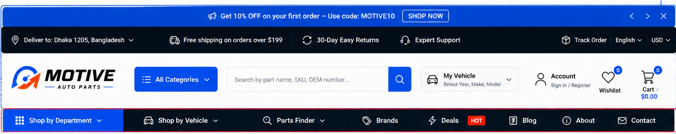 Announcement bar, utility bar, main header and navigation