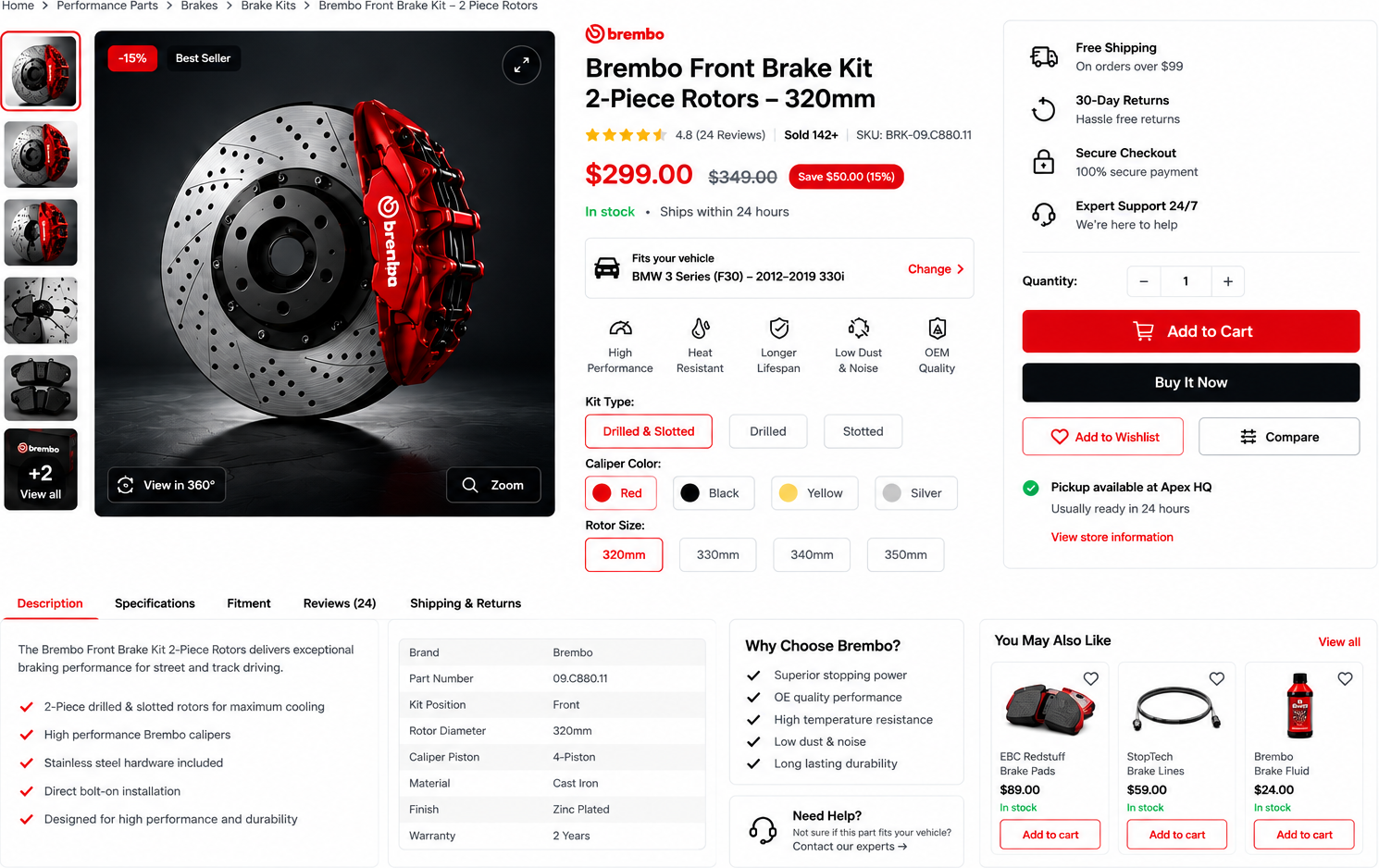 Brembo Front Brake Kit product page with gallery, options, add to cart and detail tabs